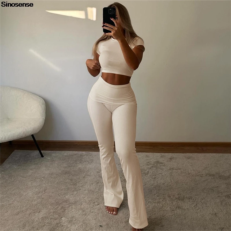 Womens Two 2 Piece Outfits Lounge Sets Short Sleeve Cropped Tops Fold Over Flare Pants Matching Sets Casual Summer Tracksuit