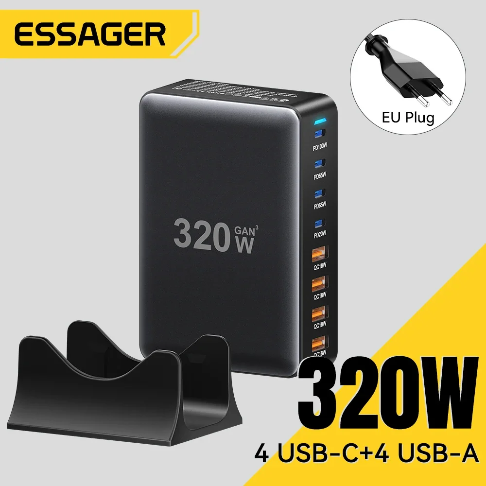 Ładowarka Essager 320W GaN z 8 portami USB typu C, biurkowa stacja ładująca PD 100W z szybkim ładowaniem do iPhone 17 16 15, iPad, MacBook, laptopa