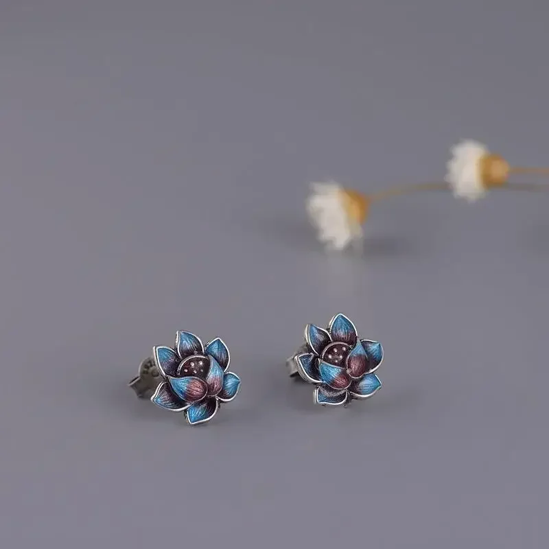 Original design cloisonne enamel porcelain lotus earrings Chinese retro craftsmanship elegant charm women's silver jewelry