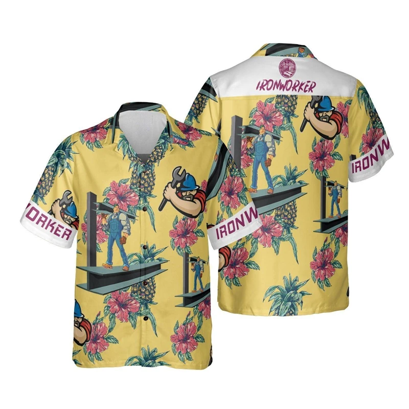 Camicie con stampa 3D Tropical Ironworker per uomo abbigliamento camicia da spiaggia da lavoro unica camicette hawaiane a maniche corte con grafica da lavoratore Casual