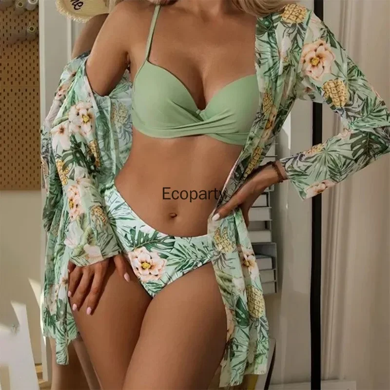 

Hot Women's Fashion Cover Up Print Swimsuit Print High Waist Long Sleeve Smock Split Three Piece Bikini Set Swimwear Beachwear