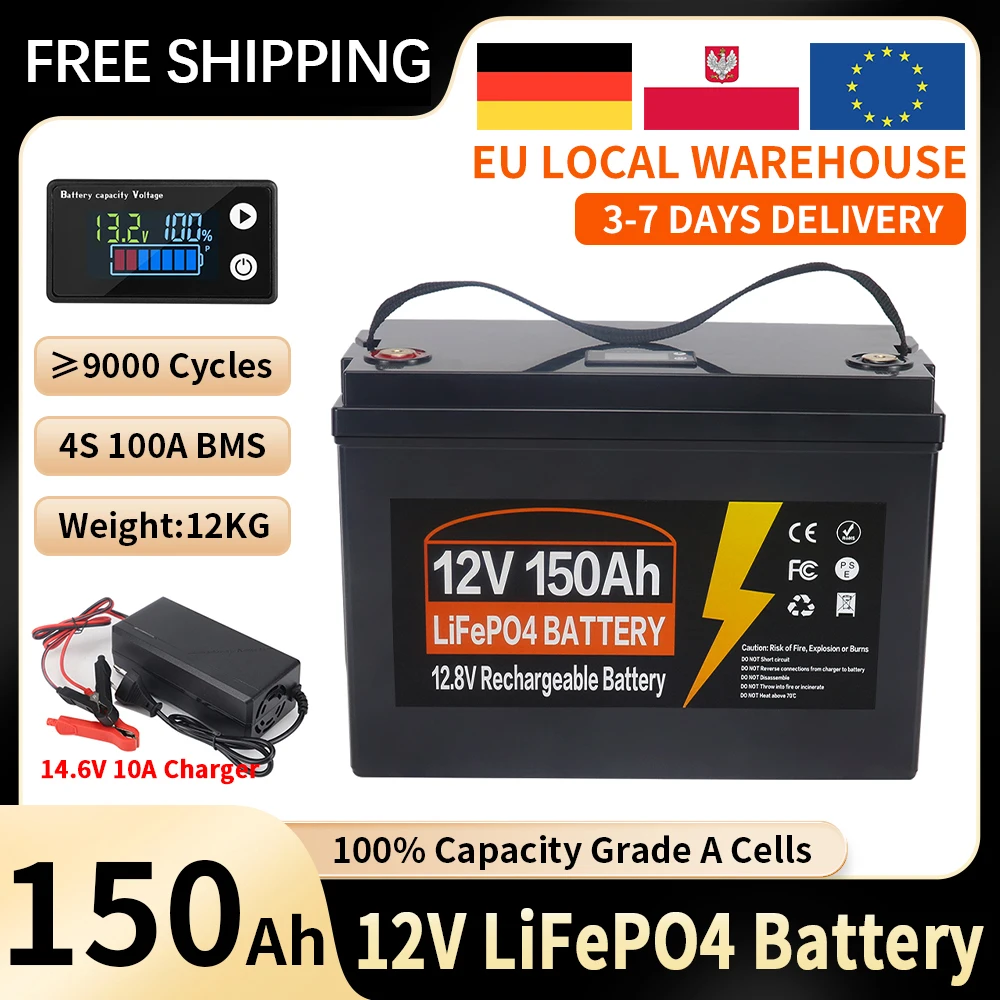 12V 24V 150Ah 200Ah 350Ah LiFePO4 lithium-ijzerfosfaatbatterij, kwaliteit A, 100A BMS, meer dan 9000 laadcycli met automatische uitschakeling bij lage temperatuur, geschikt voor campers,