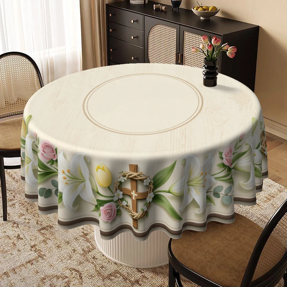 Round tablecloth, round tablecloth cover, religious floral design with crosses and lilies