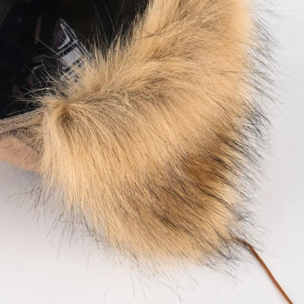 Versatile Faux Fur Pilot Hat Plaid Pattern Ear Flaps Bomber Cap Lining Warm Insulation Baseball Caps for Men & Women