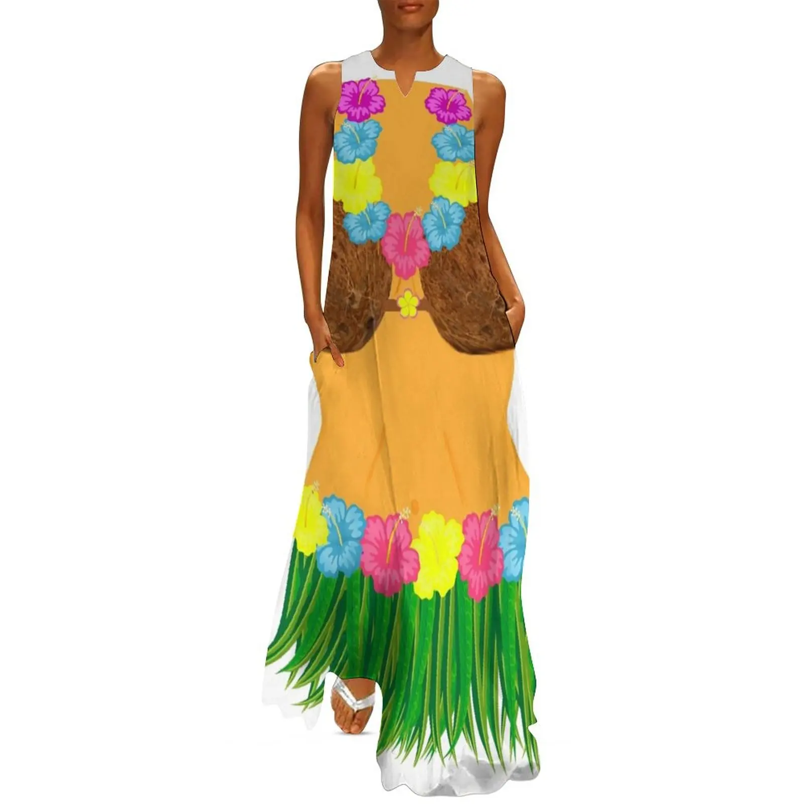 

Full Body Hula Dancer Shirt With Lei Flowers Grass Skirt Coconut Bra Long Dress Beachwear Party dresses Dress