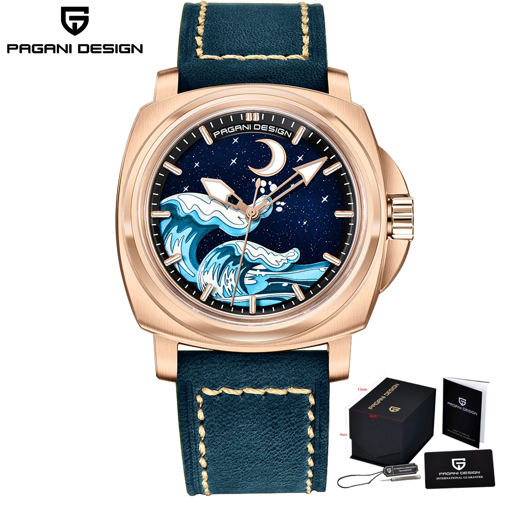 PAGANI DESIGN automatische mechanische Herren-Armbanduhr TMI NH35A, Saphirglas, Wellen und Mondglanz, C3-Lumen-Zifferblatt PDYS014 7