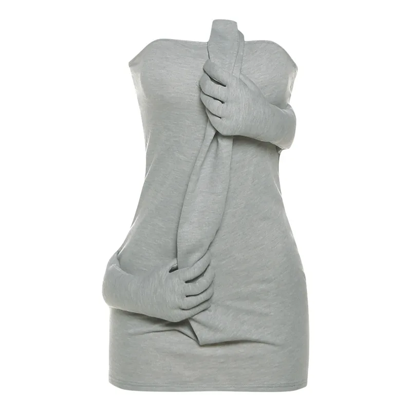 여성 패션 섹시하고 독특한 스테레오 그립퍼 스트랩리스 바디콘 미니 드레스 민소매 백리스 피치 힙 나이트 클럽웨어 베스티도스