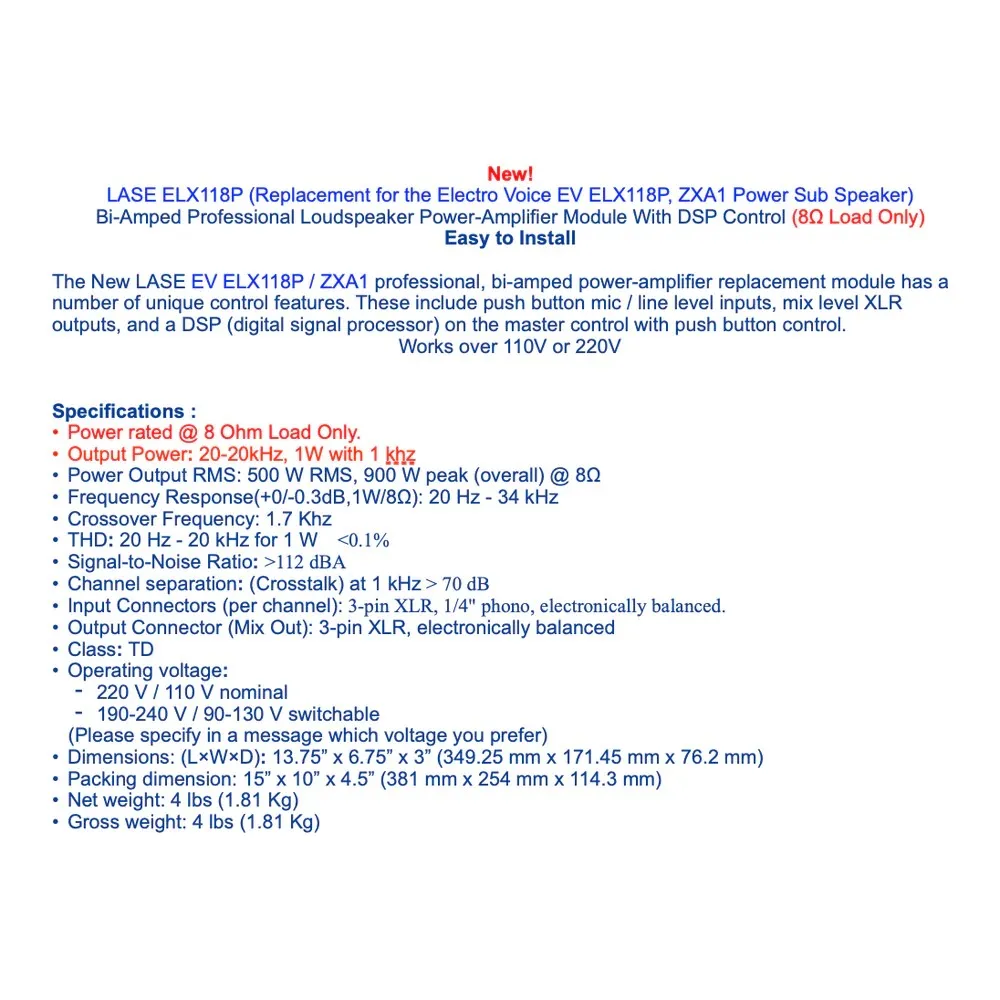 LASE Replacement Amplifier module for Electro Voice EV ELX118P Power Sub Speaker Power-Amplifier Module