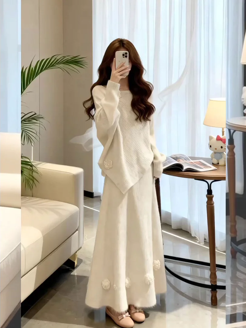 

Unique Beautiful Winter Faion Set Rich Girl Miu Series Long Sve Knitted Sweater And Skirt Plant Floral Pattern Gentle Sle