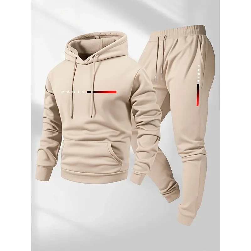 Set pakaian olahraga pria musim gugur dan musim dingin dengan motif huruf, hoodie dan celana, hangat dan tahan angin.