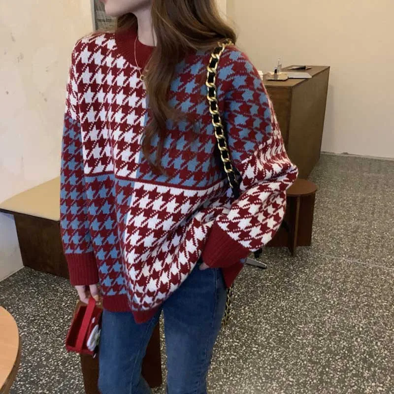 Fashion O-Neck Loose Spliced Houndstooth Sweaters Female Clothing 2023 Winter Oversized Knitted Casual Pullovers Korean Tops