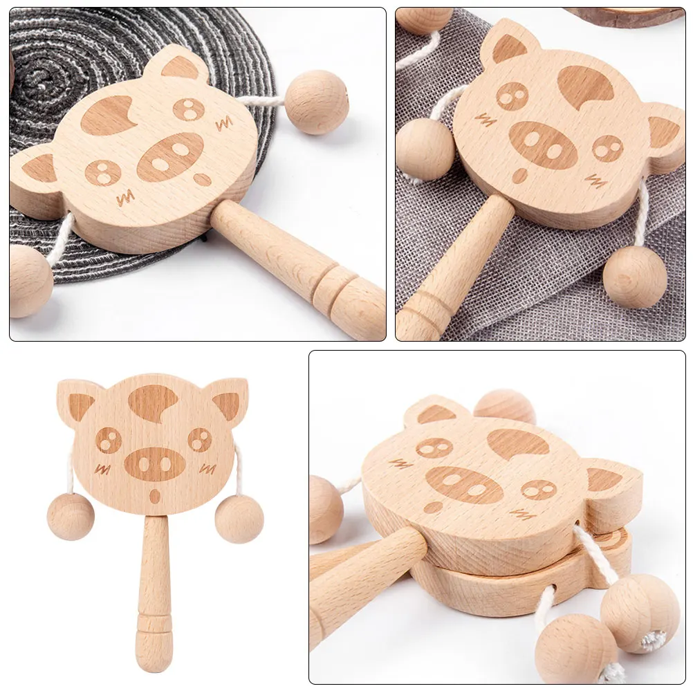 Rattle กลองของเล่นไม้ของเล่นเด็กน่ารัก Rattle-กลองเครื่องดนตรีไม้มือ