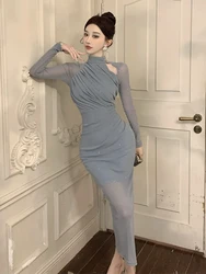 Fashion Lady Mesh Sparkly Evening Long Dress Women Clothes Elegant Hollow Sexy Long Sleeve Skinny Party Prom Mujer Vestidos Robe