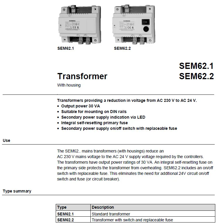 Transformer AC220V to AC24V AC SEM62.1