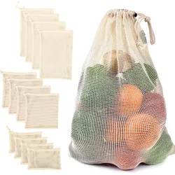 Sacos De Malha De Algodão Reutilizável Com Cordão, Produtos Vegetais Saco, Armazenamento De Cozinha, Frutas