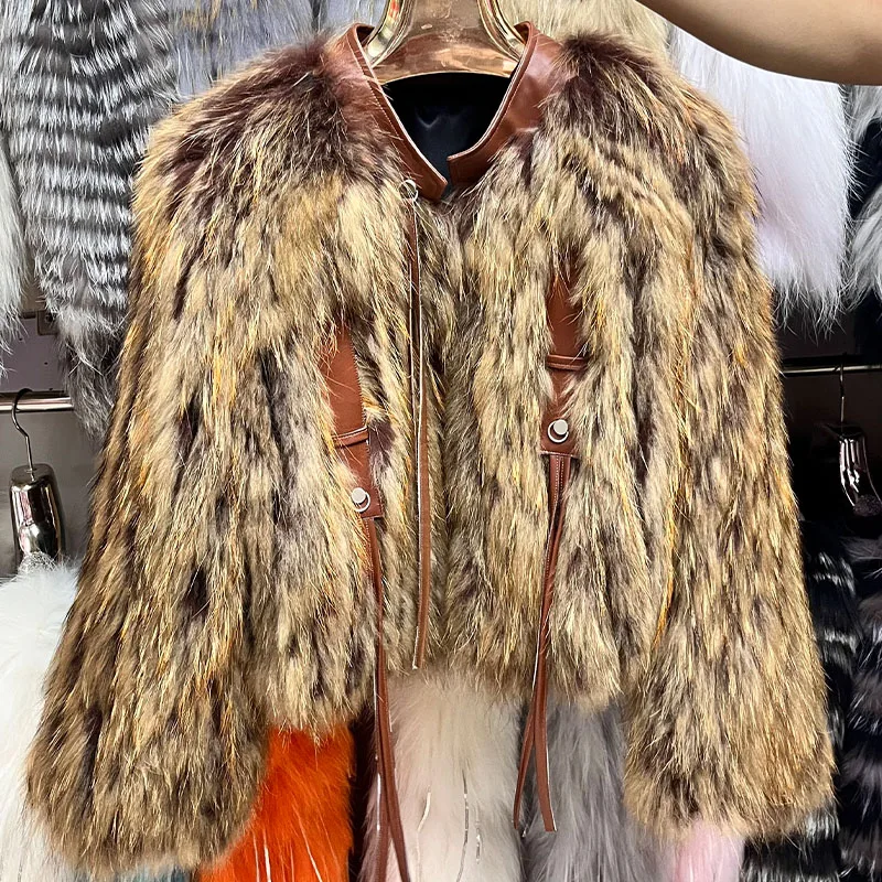 2025 New Fashion Women Real Natural Raccoon Fur Strip Sewed Toghter Coat Winter Thick Warm Long Sleeves Luxury Outerwear Jackets