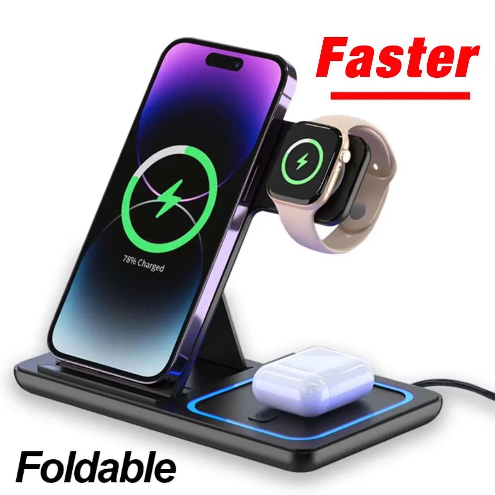 3 in 1 Foldable Wireless Charging Station for iPhone 17 16 15 14 13 12 Pro Max iWatch Ultra Airpods Pro Fast Charger Stand Dock