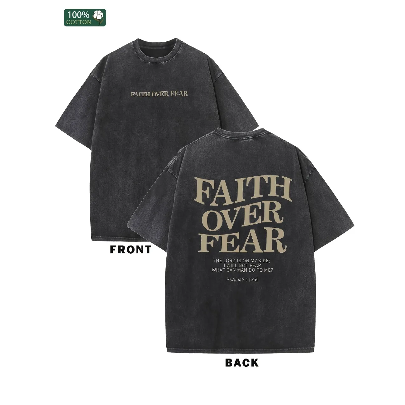 FAITH OVER FEAR Men's Cotton Solid Drop Shoulder Vintage Street Wear Basic Tees Baggy Hip Hop Unisex Tops Acid Wash T-Shirt