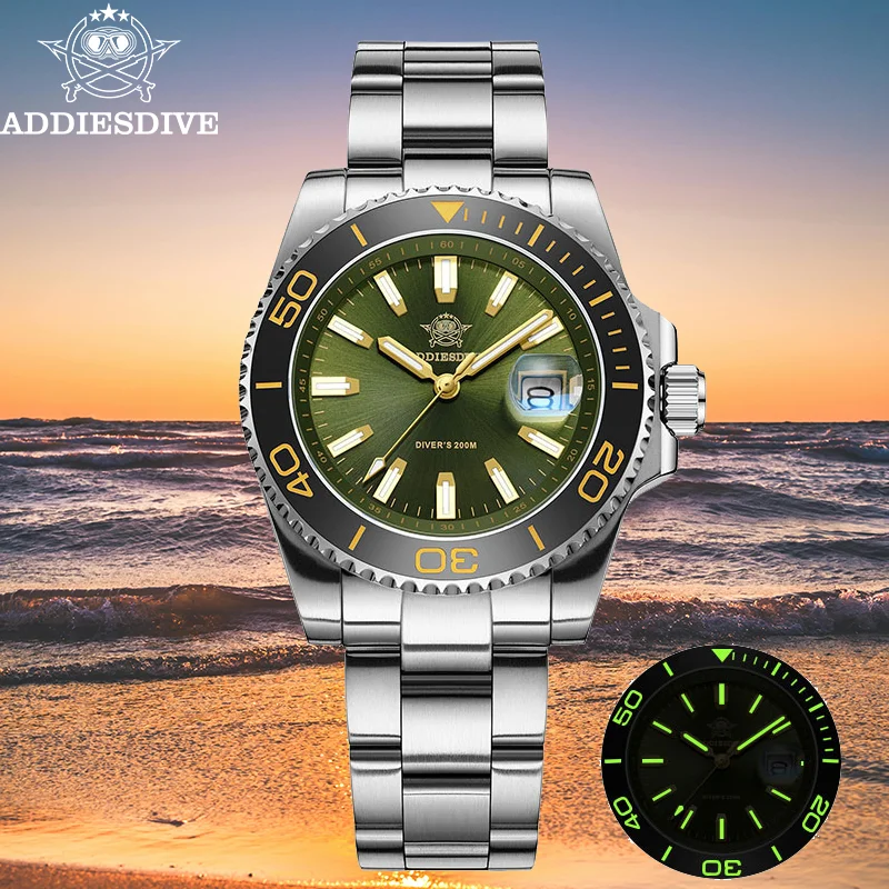 

ADDIESDIVE Мужские часы AD2510 Нержавеющая сталь 20 бар Водонепроницаемые часы для дайвинга 41 мм BGW9 Светящийся керамический безель Кварцевые часы