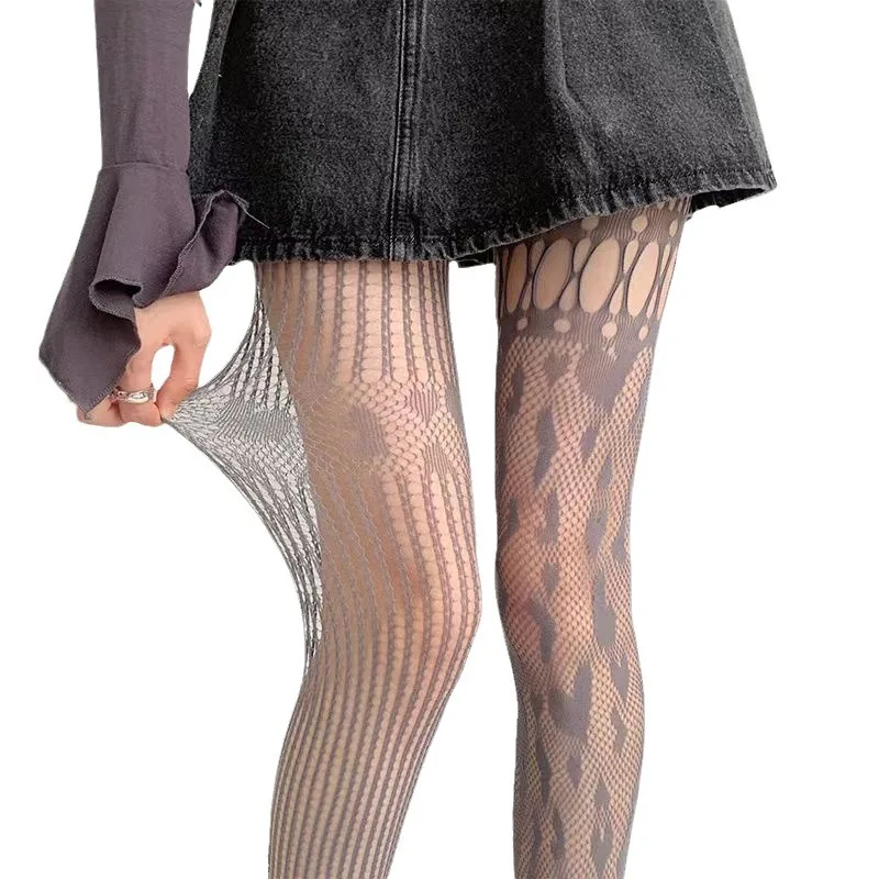 Meia Arrastão Feminina Quadrada Assimétrica Fishnet Meia Calça Coração Oco Encaixe Meia Calça Branco Preto Roxo Vermelho Cinza Café Meia Calca