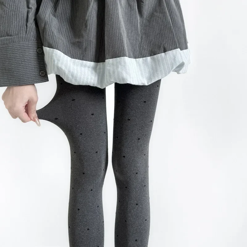 

Autumn Winter Grey Tights Women Y2K Bowknot Polka Dot Pattern Pantyhose Vintage Elastic High Waist Leggings Slim Basic Stockings