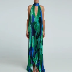 Spring Fashion Print Rib Bohemian Long Dress Women Sexy Halter Hollow Out Hem Party Dress New Summer Sleeveless Loose Maxi Dress