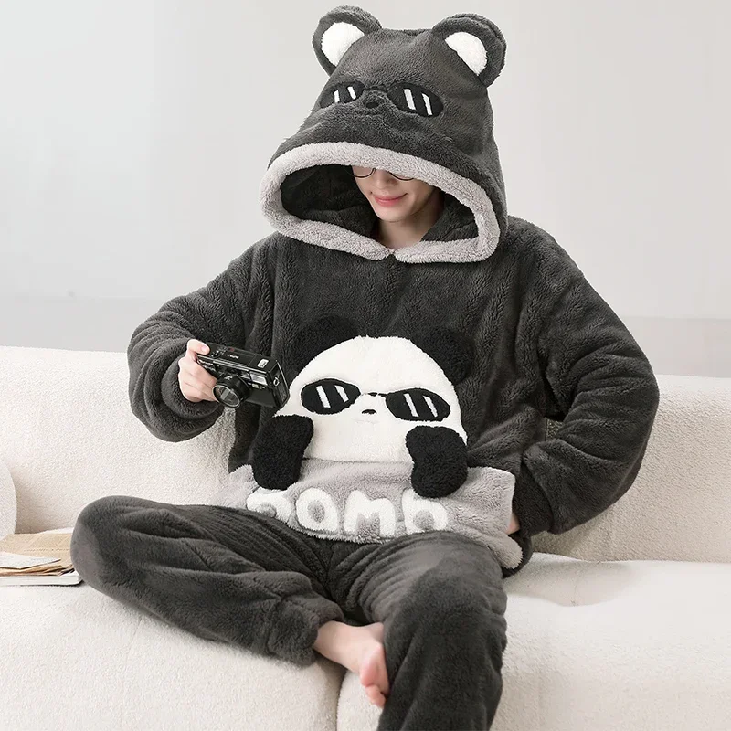 Winter Men Pijama Sets 2PCS Adult Korean Hooded Sleepwear Pyjama Male Loungewear Cartoon Panda Thicken Soft Warm Pajama