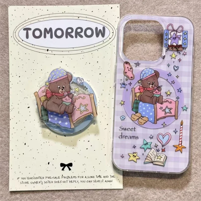 Funda de teléfono con osito de peluche a cuadros morados magnéticos con soporte magnético de osito de peluche giratorio para iPhone 11 12 13 14 15 16 pro max
