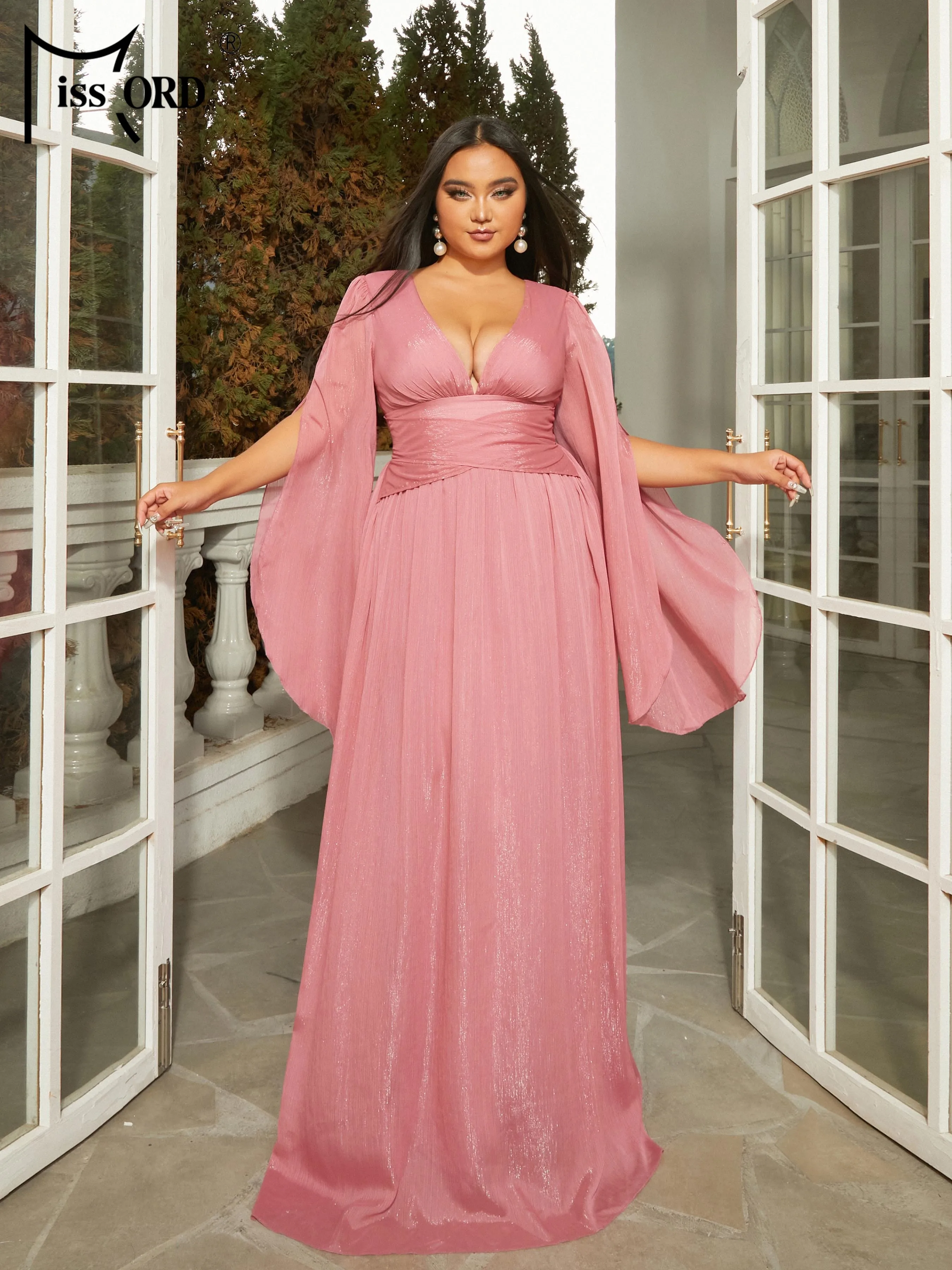 Missord New Plus Size Chic Elegant Woman Dress V Neck Long Sleeved A-line Evening Prom Formal Occasion Dresses