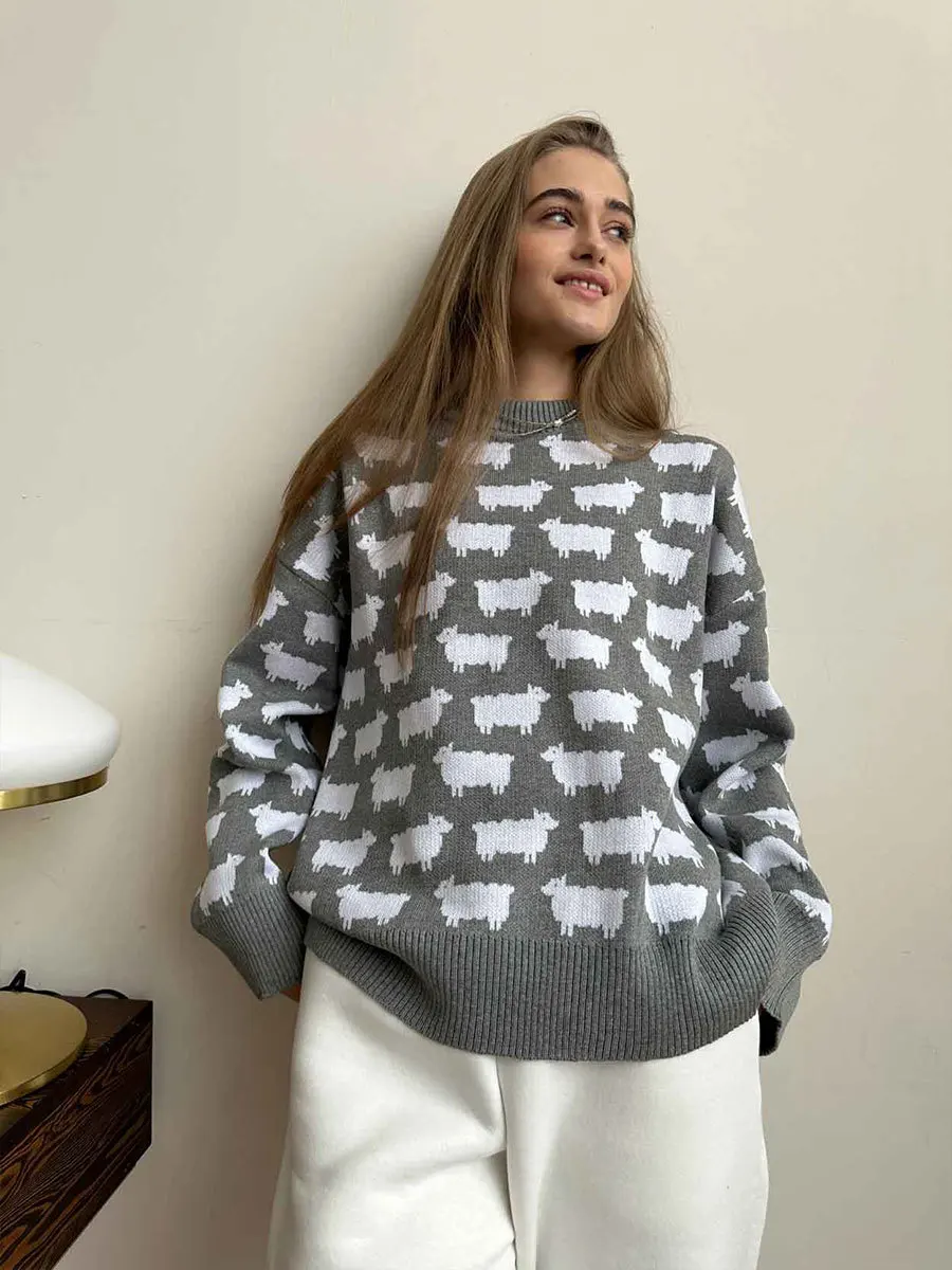 

Sheep Print O Neck Long Sleeve Sweater Women Autumn Winter Vintage Fashion Streetwear Loose Knitted Pullover Tops Casual Clothes