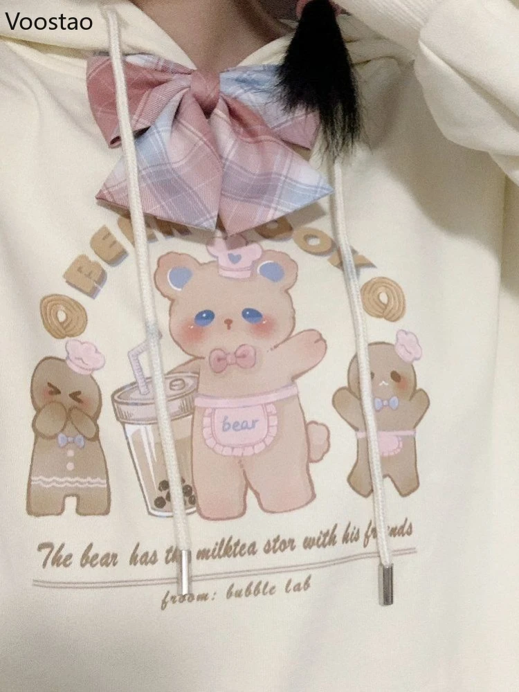 Autumn Japanese Sweet Milk Tea Bear Print Hoodies Women Kawaii Loose Hooded JK Sweatshirts Spring Girls Harajuku Cute Outerwear