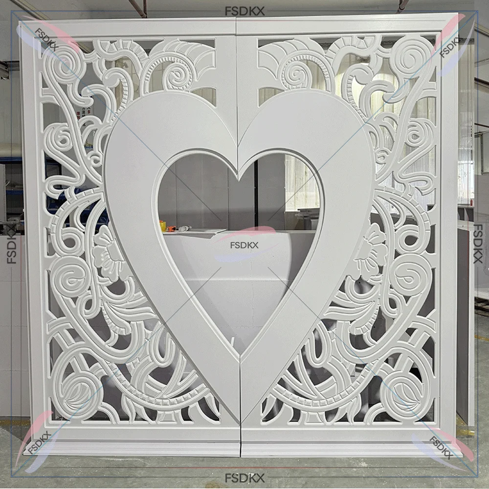 Latest Heart Shaped Decoration Artificial White Rose Flower Arch Wedding Arch PVC Backdrop With Stage