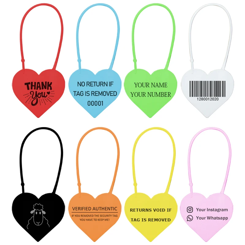 100pcs Custom Plastic Hang Tags Heart Shaped Authentic Security Seal Tamper-proof Logo Label for Clothing Shoe Bag Boutique