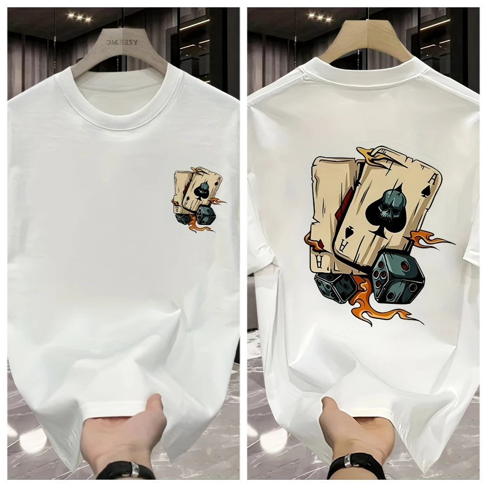 Vintage Poker Skull Dice Graphic T-Shirt Casual Short Sleeve Tee Gothic Ace of Spades Flame Print Streetwear Fashion Cotton Top