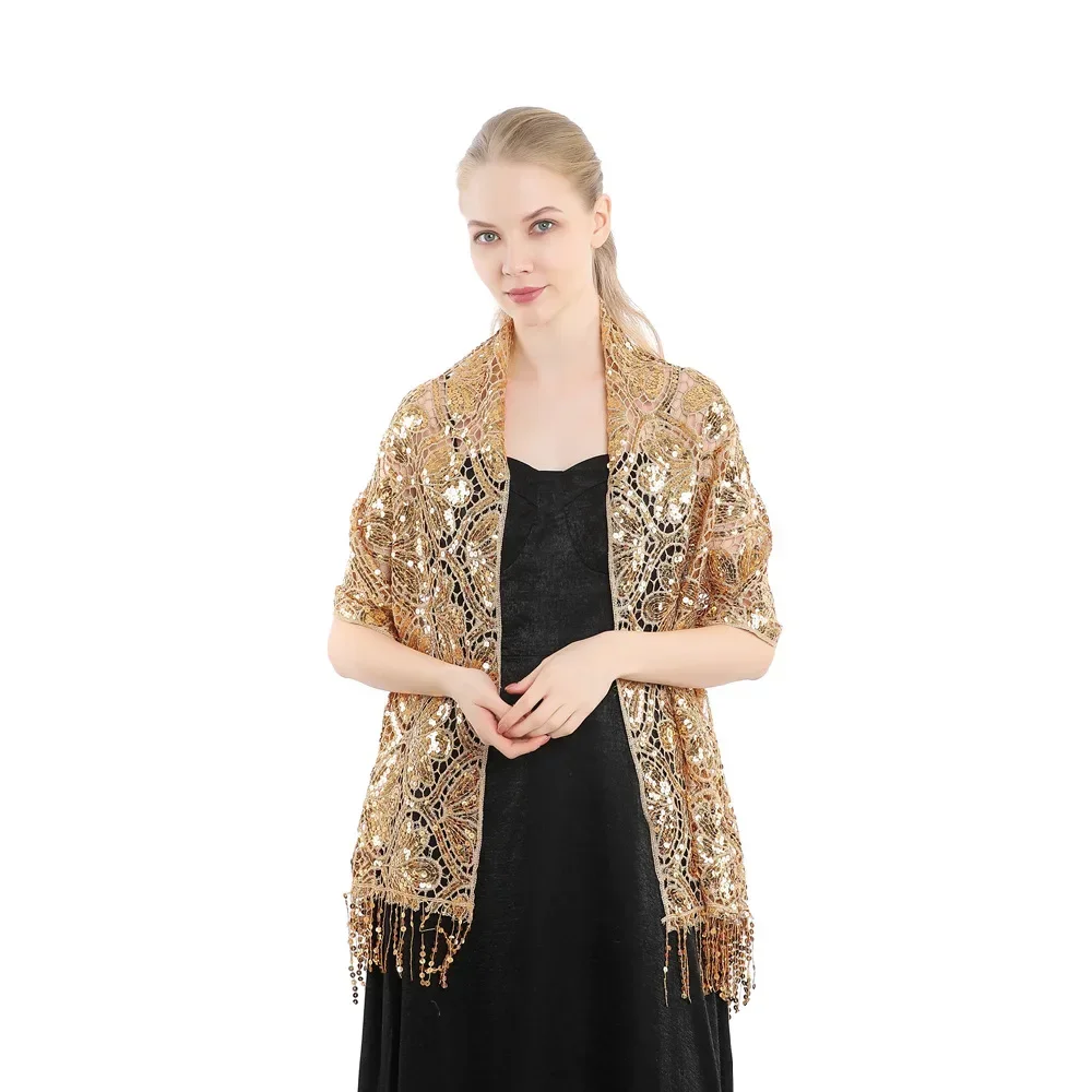 

European American Elegant Sequins Tassel Cape Party Evening Dress Shawl Bride Bridesmaid Women Sequins Cloak Ponchos golden