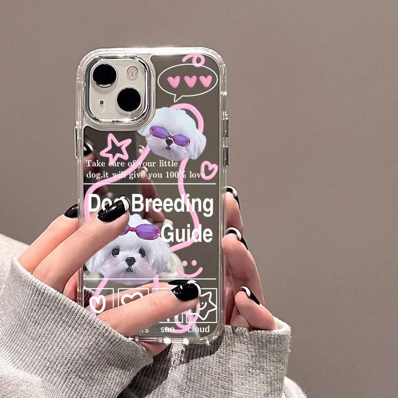 Bonito cão espelho caso de telefone para iphone 11 caso iphone 16 pro 13 15 12 14 pro max xr x xs à prova de choque pára-choques silicone capa macia