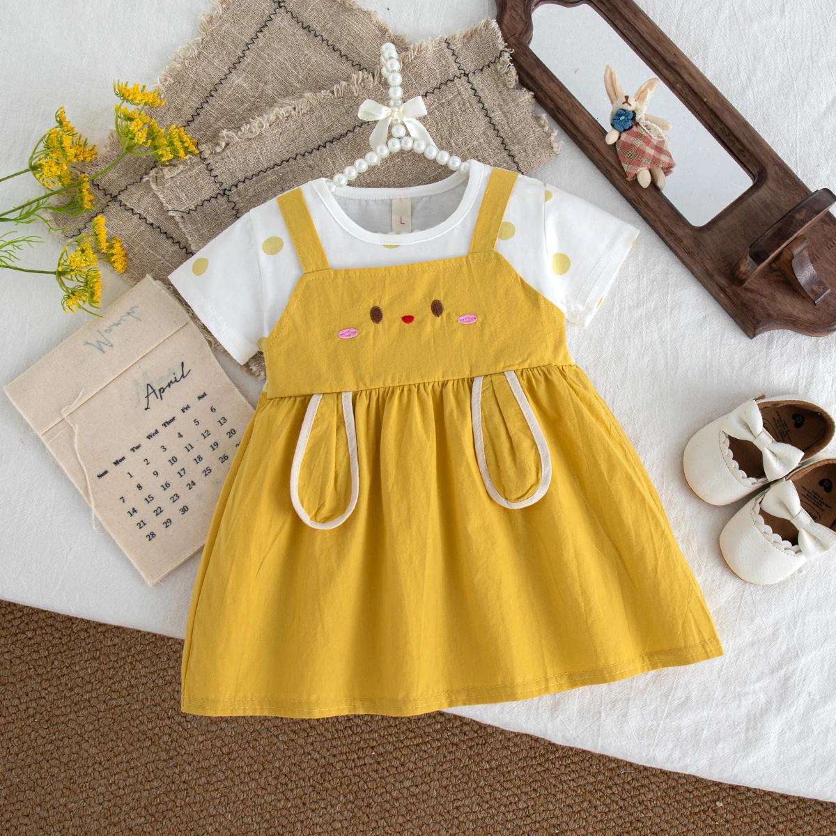 فستان بناتي قطني وردي منقط بتصميم أرنب لطيف بأكمام قصيرة فستان بناتي صيفي كاجوال يومي