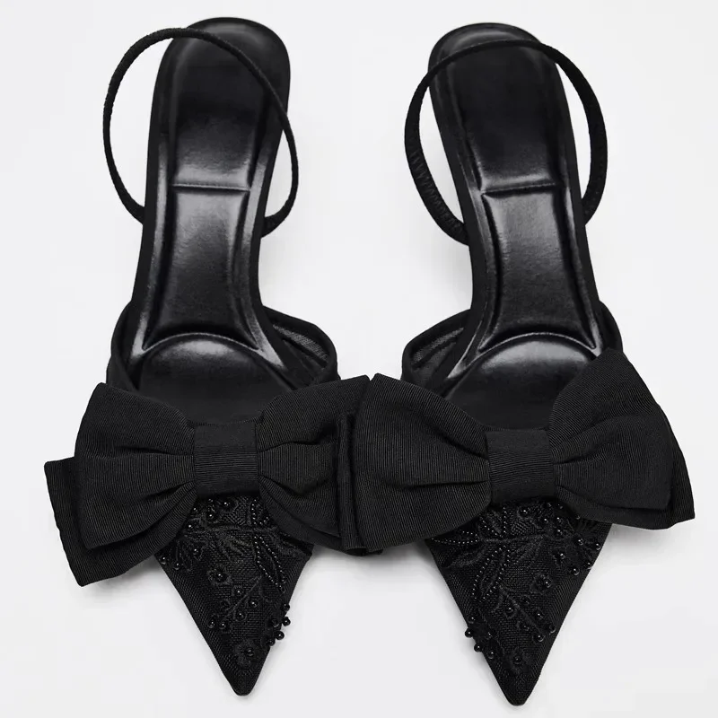 Brand Designer Thin High Heels Women Bow String Bead Pointed Slingback Mules Pumps Mesh Embroider Elegant Dress Sandals Female