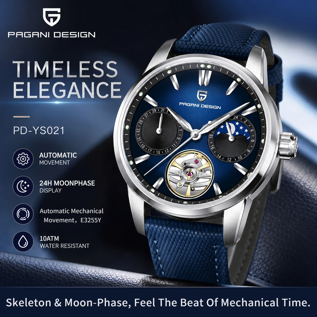 PAGANI DESIGN PD-YS021 Men's Automatic Mechanical Watch, With Classic Hollow Shape, 100M Waterproof And Super Luminous.