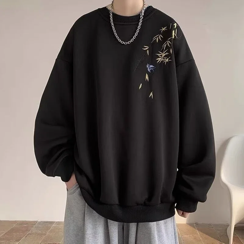 New Chinese Bird Print M-8XL Men Oversized Sweatshirt Fashion Loose Long Sleeve Couple Clothes