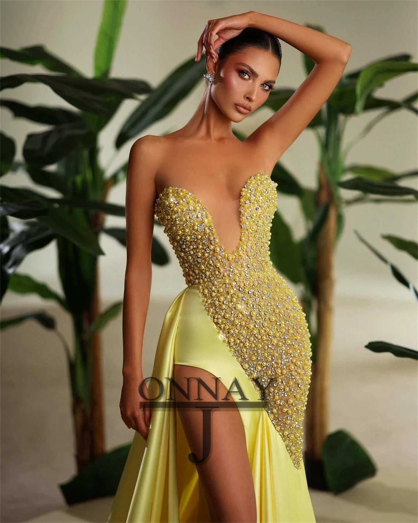 Customized Bling Strapless Prom Dresses for Women Pearls Sequins Beadings with Slit Pleat Mermaid Gala Bespoke Vestidos De Gala