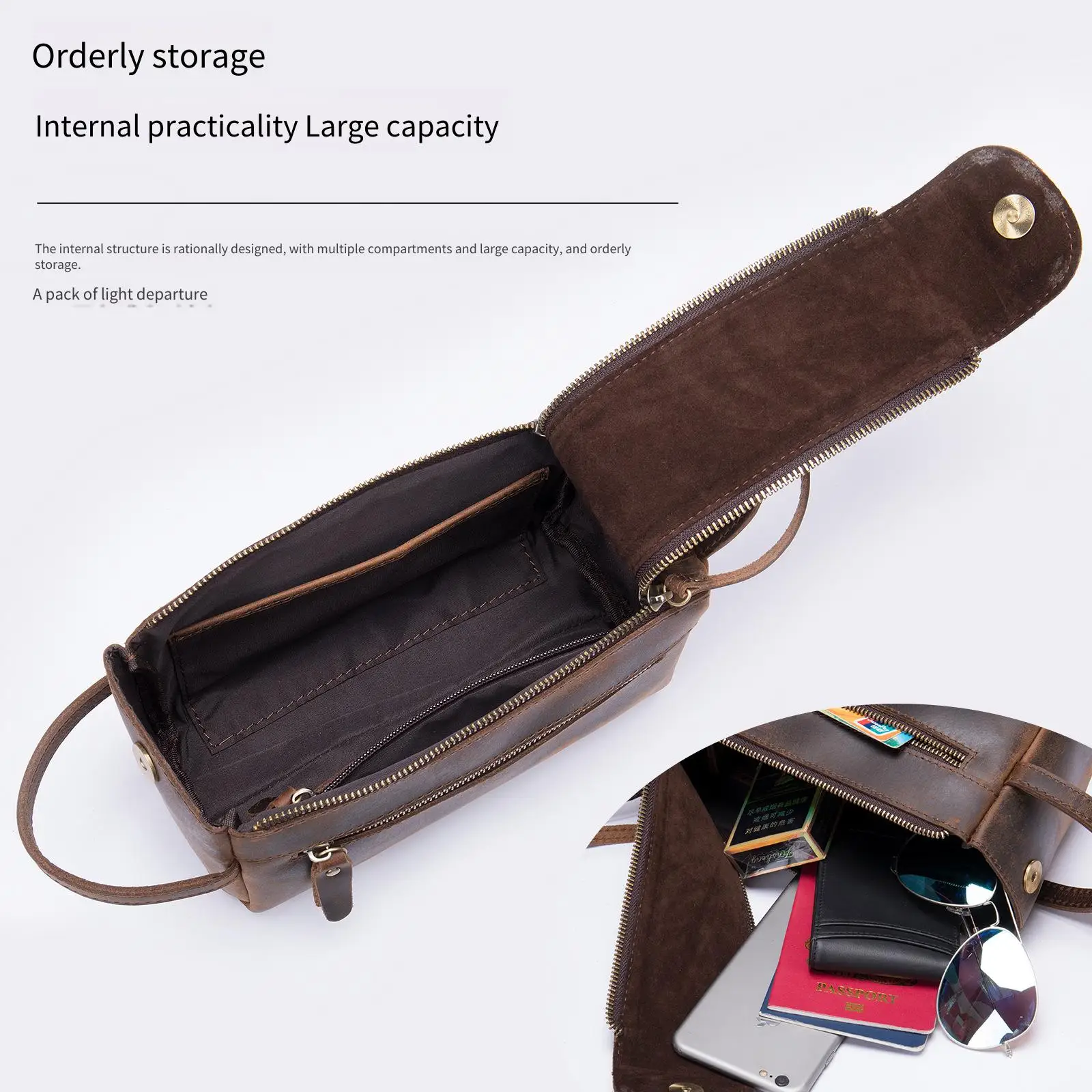 Men's Vintage Crazy Horse Leather Clutch Bag Large Capacity Genuine Cowhide Handbag Toiletry Pouch Luxury Travel Handheld Purse