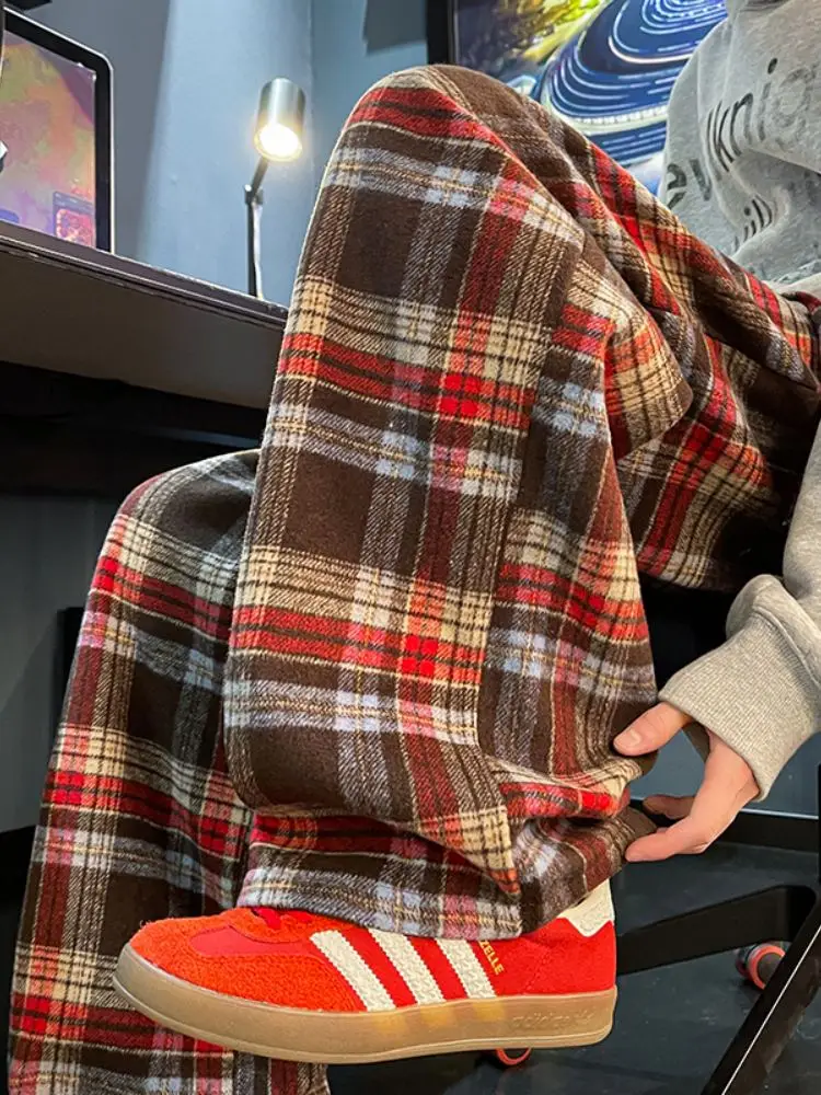 

Autumn Winter Plaid Woolen Men's Casual Pants Thiened Fce Floor-Length Straight Leg Trousers Drapey Wide Leg Pants