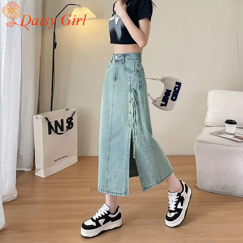 Novo verão retro cintura alta denim saia menina cor sólida fenda saias de comprimento médio design sentido pequena a linha hip-pack saia