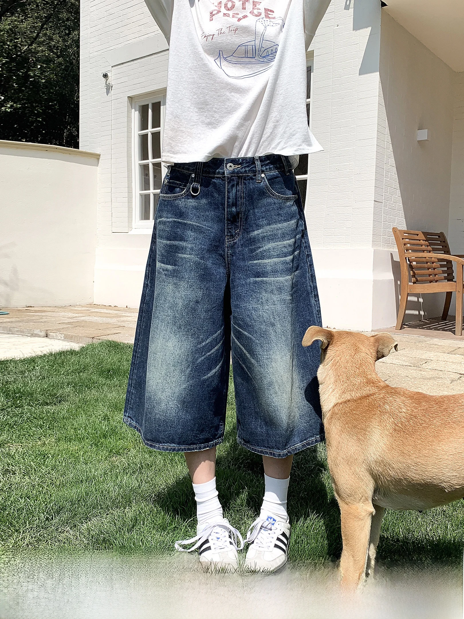 

Washed Vintage Campus Style Seven-Foot Women's Jeans Summer Season Straight Leg Micro Stretch Natural Waist Zipper Closure