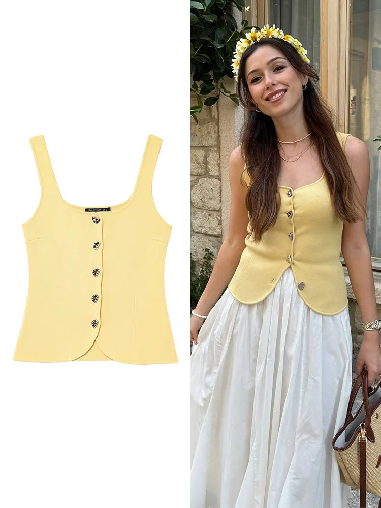 

TRAFZA Women Fashion Yellow Knitted Vest O Neck Single-Breasted Tank Tops Loose Casual Camis 2025 Summer Casual Female Chic Top