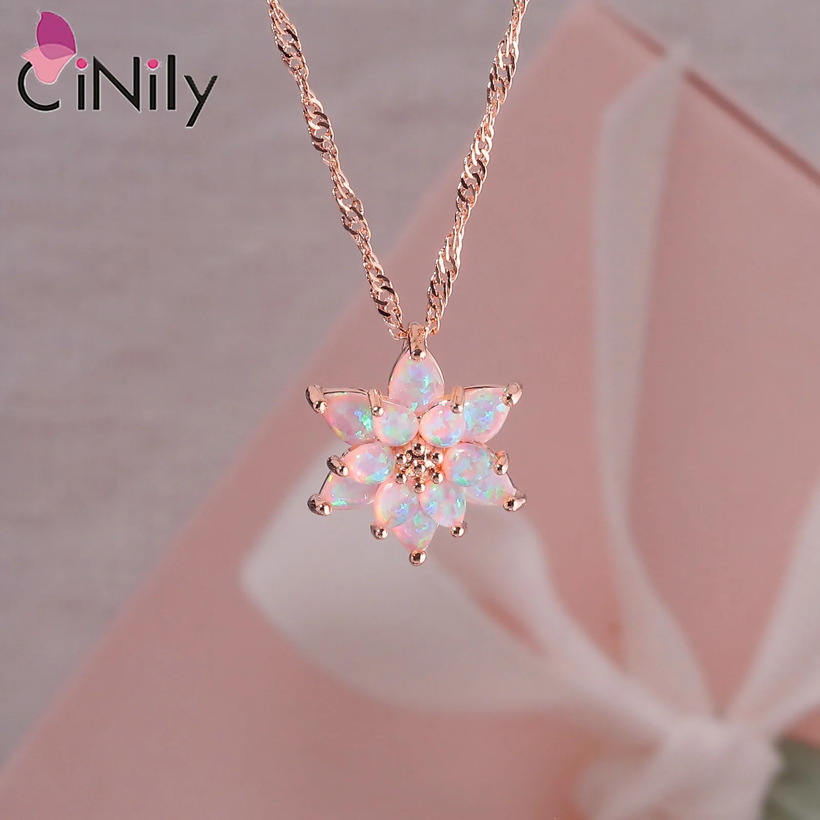 CiNily Delicate Flower Shaped Fire Opal Pendant Necklace Rose Gold Plated Trendy Jewelry Gifts for Women Girls(with Chain)