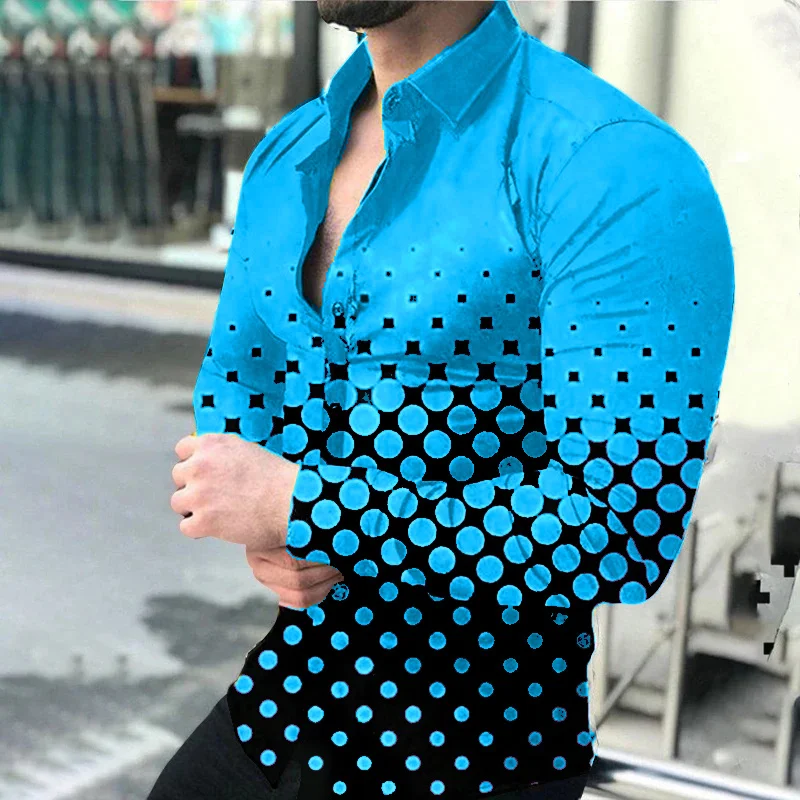 2024 Spring Men\'s Casual Long Sleeve Shirt Single Breasted Digital 3D Printed Polka Dot Lapel Shirt 6XL Party Shirt 14 Colors