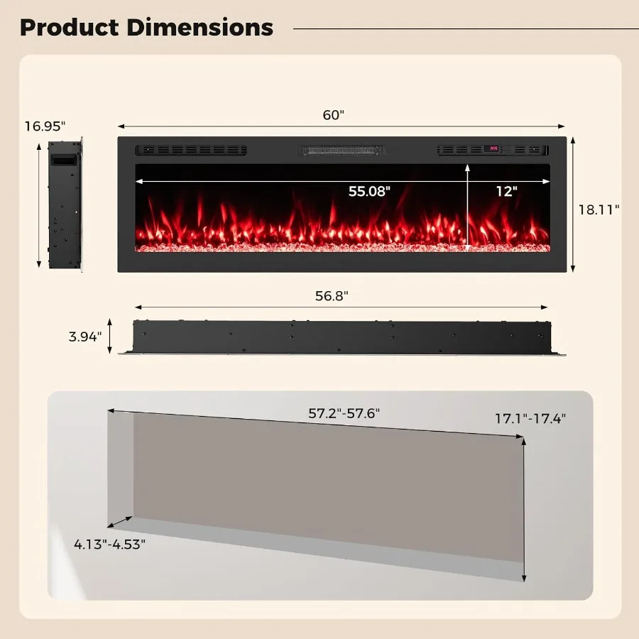 Smart WiFi Electric Fireplace 60-inch Wide Wall Mounted Recessed Heater with Alexa Google Assistant Remote APP Control 750W 150
