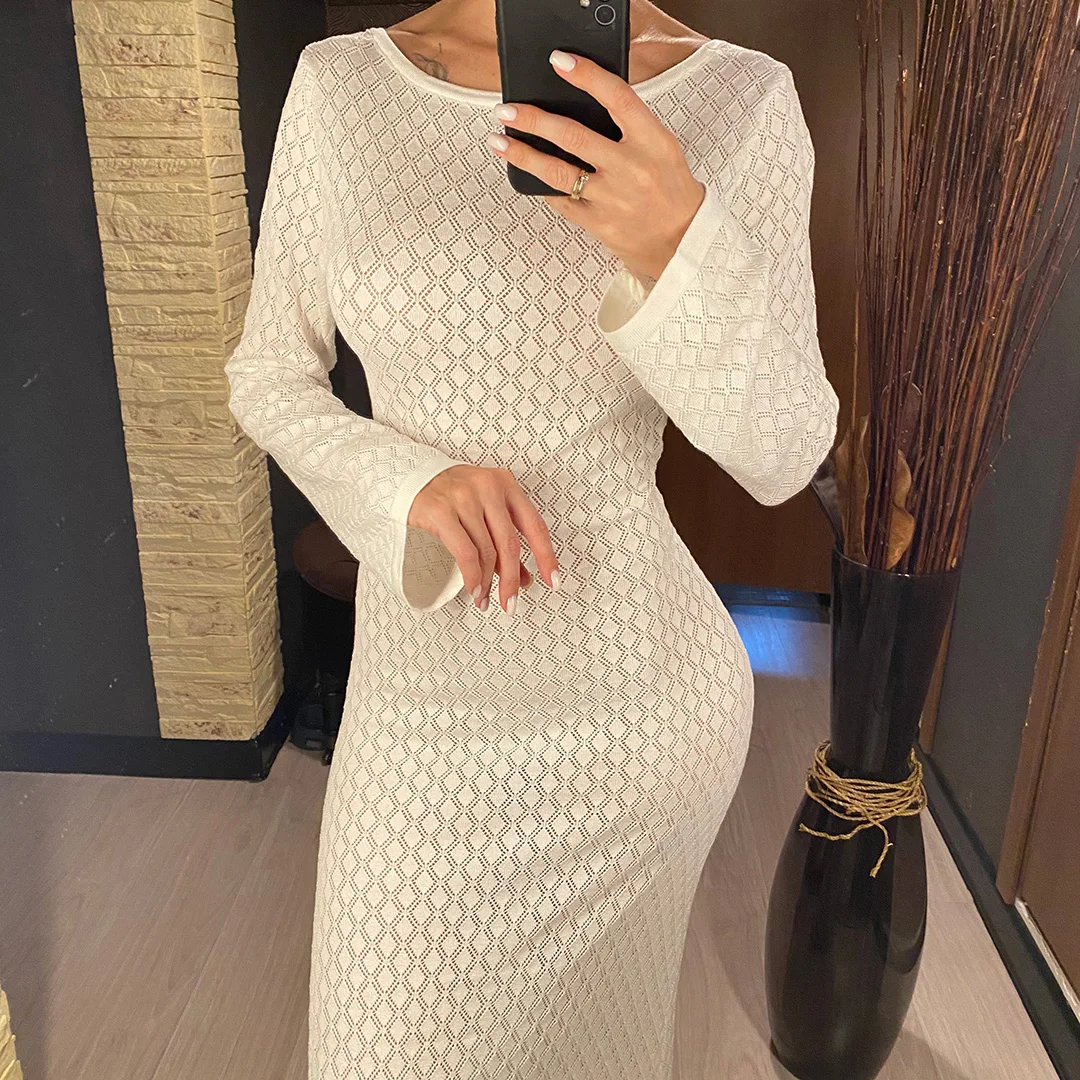 Sexy Damen Langarm-Strickkleid für Partys, lässiges, einfarbiges, rückenfreies Bikini-Überwurfkleid, Strandoutfit, Sommerkleid, Urlaub V5975 – Detail 7